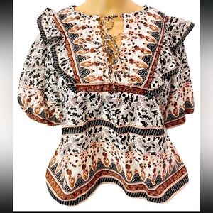 Calypso St. Barth Puff Sleeve Peasant Top S Floral Grandma Core Boho New!
